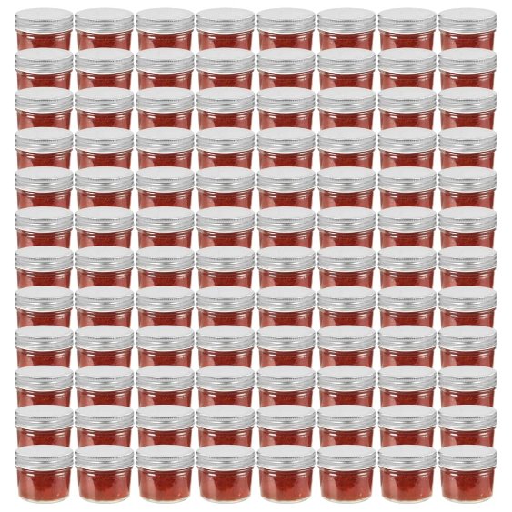 Lasiset hillopurkit hopean värisillä kansilla 96 kpl 110 ml