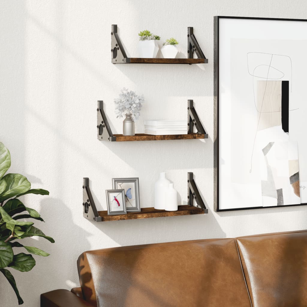 3-osainen Seinähyllysarja savutammi tekninen puu