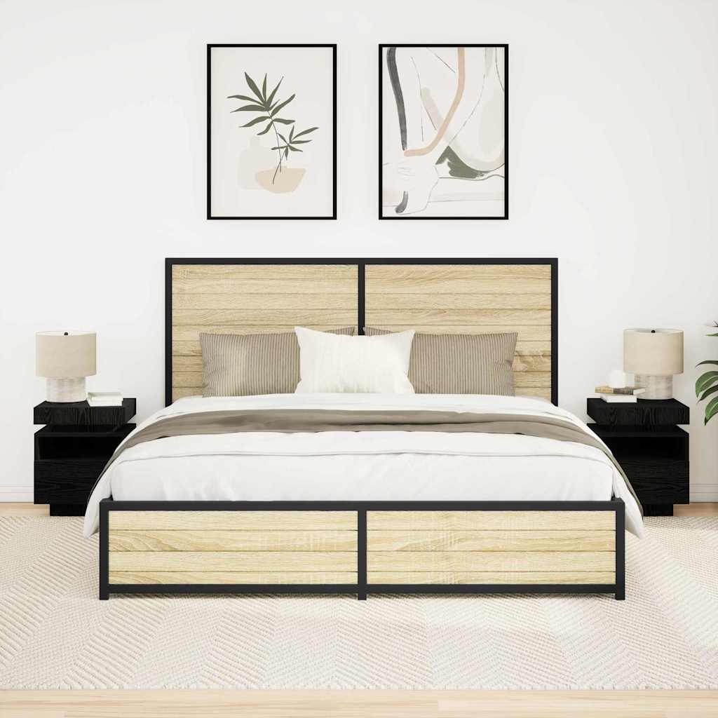 vidaXL Yöpöytä LED-valoilla 2 kpl Musta Tammi 40x39x48,5 cm