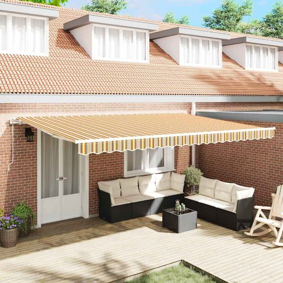 Automaattinen sisäänvedettävä markiisi monivärisin raidoin 500x350 cm