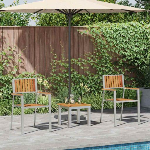 3-osainen puutarhan ruokapöytäsetti täysi akaasiapuu, pinottavat puutarhatuolit 2 kpl täysi akaasiapuu ja metalli