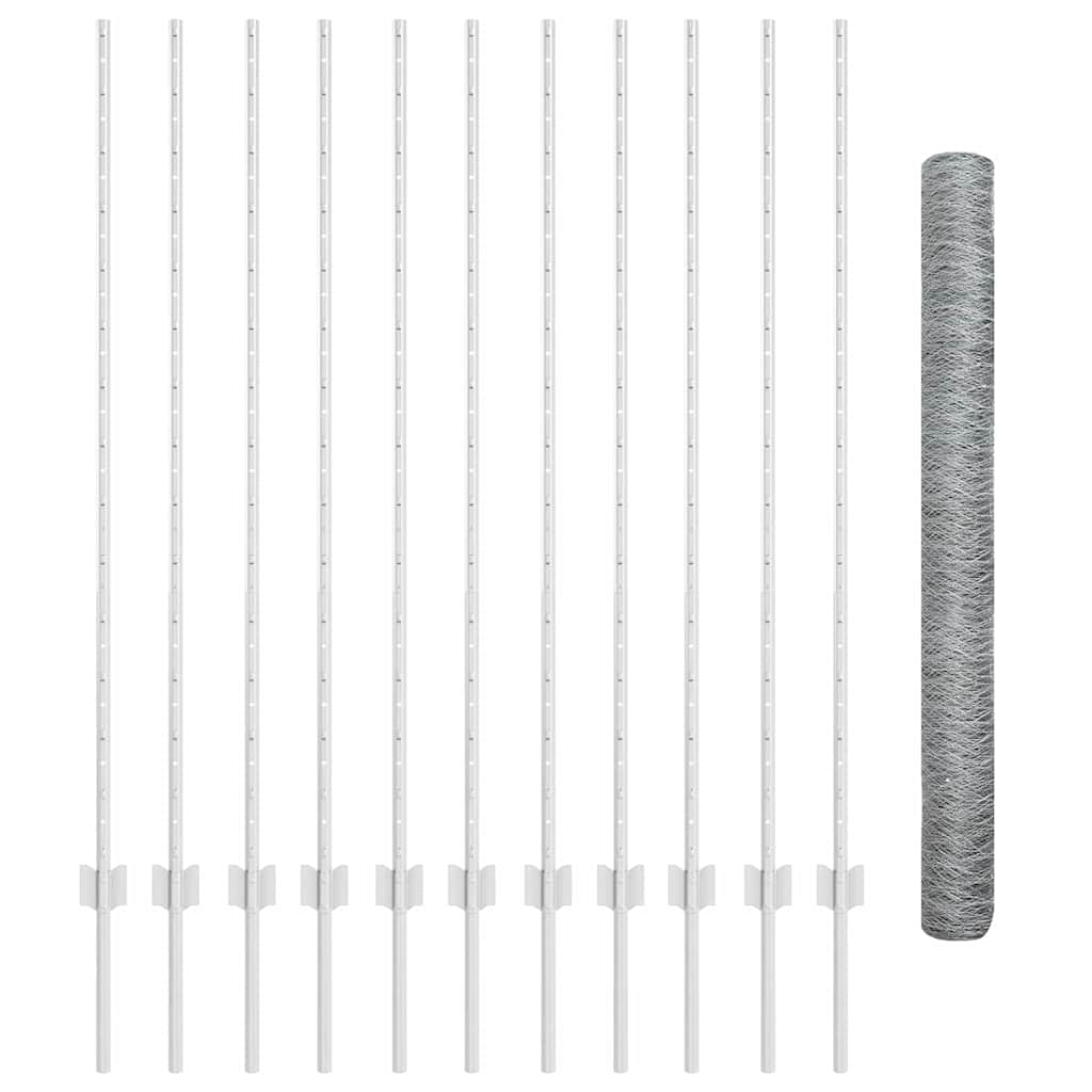 Aitan tolpat 22 kpl U-kanava 140 cm Galvanoitu teräs, Kuusikulmainen aita 1.4x25 m Galvanoitu teräs