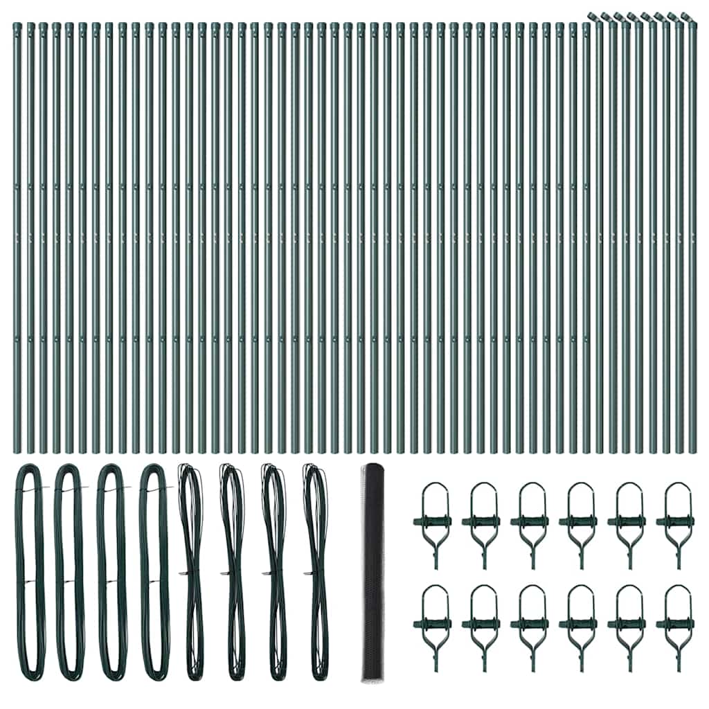 Kuusikulmainen aita Harmaa 1,5x100 m Teräs, Aitatolpat 13 kpl Vihreä Ø32 mm 200 cm Galvanoitu teräs
