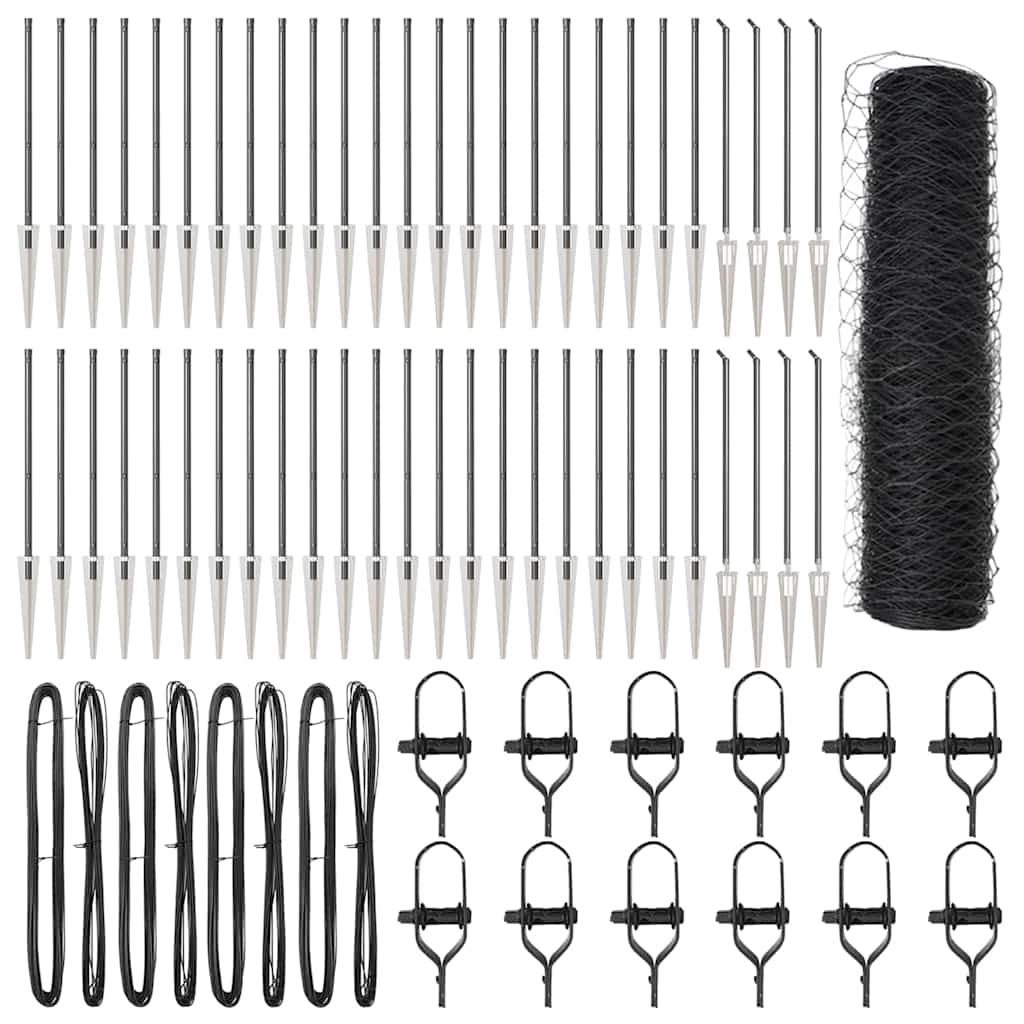 Kuusikulmainen Aita Harmaa 0.5x100 m Terästä, Aitapylväät Piikillä 13 kpl Ø32 mm 80 cm Galvanoitua Terästä