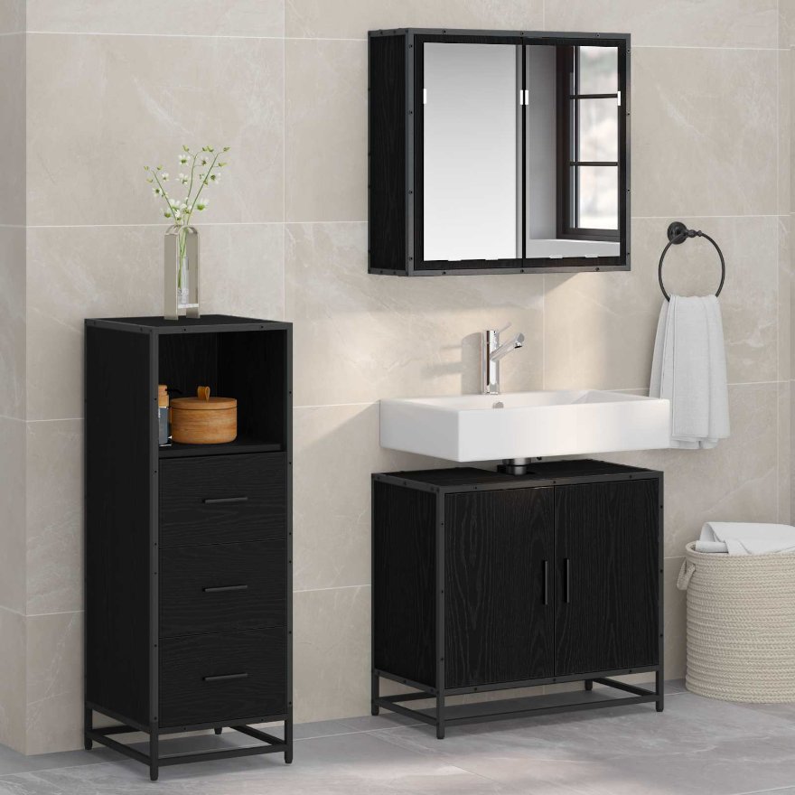 Kylpyhuonekalustesetti ovella 3 pcs Musta tammi 65 x 33 x 60 cm