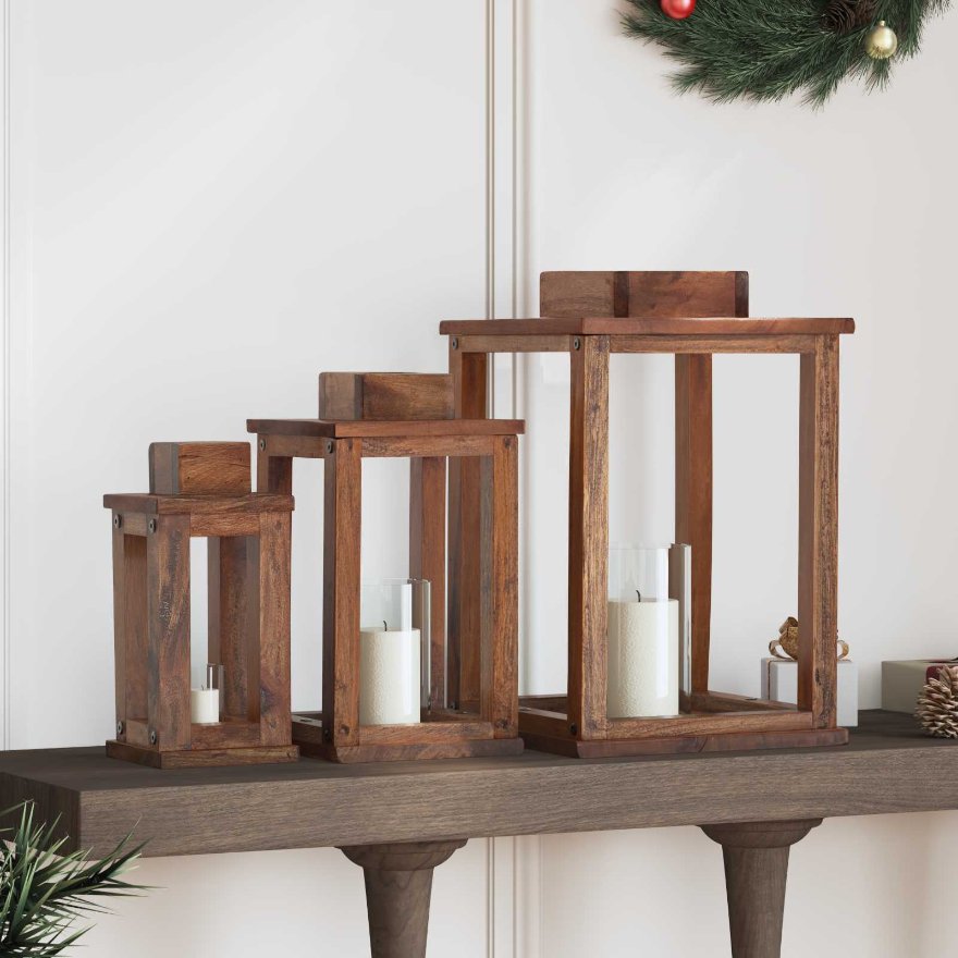 Lyhty 3 pcs Luonnollinen Mahogany-puu