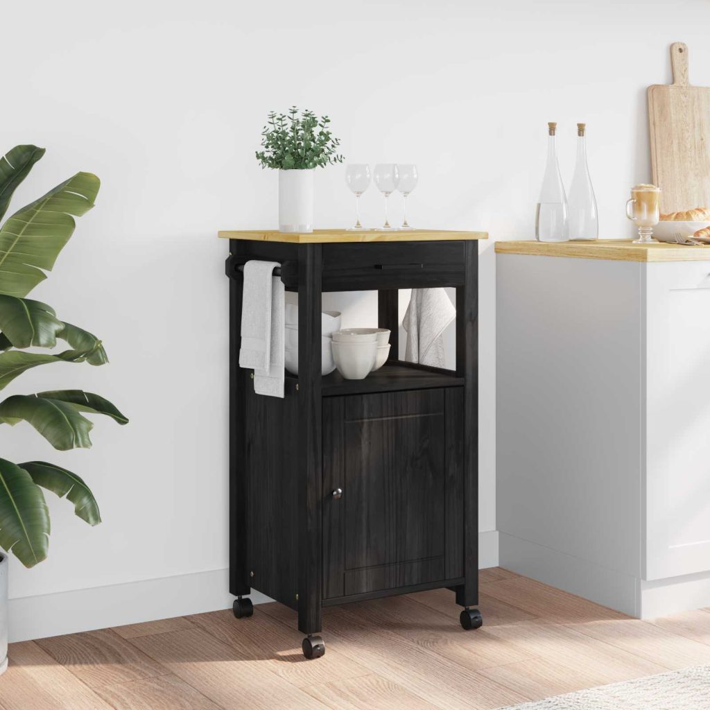 Keittiövaunu Musta 88,5 x 40 x 48 cm Massiivinen mänty