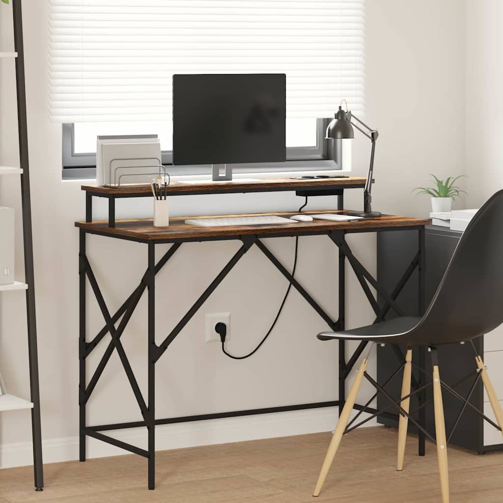 Pöytä LED -nauhavalot säilytystilassa Savutammi 100 x 50 x 86.5 cm Tekninen puu