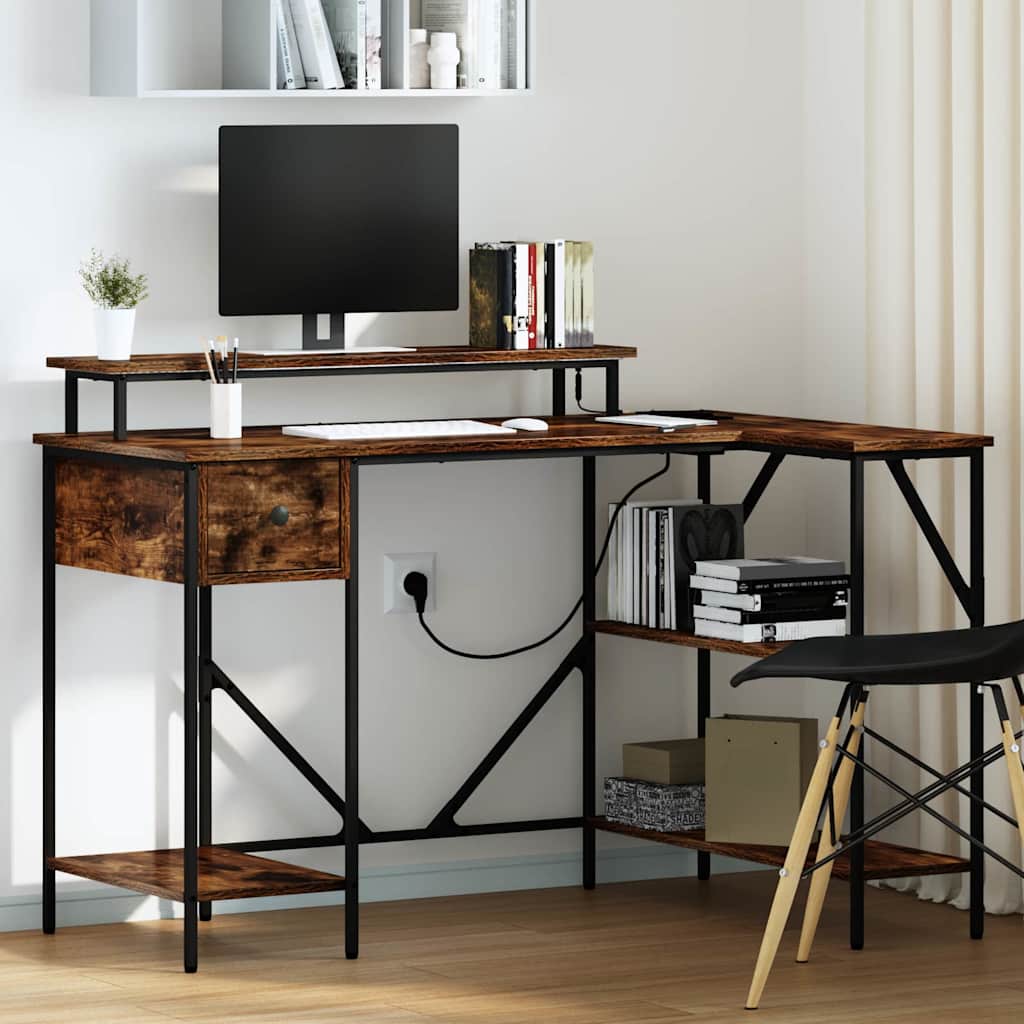 Pöytä LED -nauhavalot laatikon kanssa hyllyllä säilytystilassa Savutammi 120 x 79 x 86.5 cm Tekninen puu