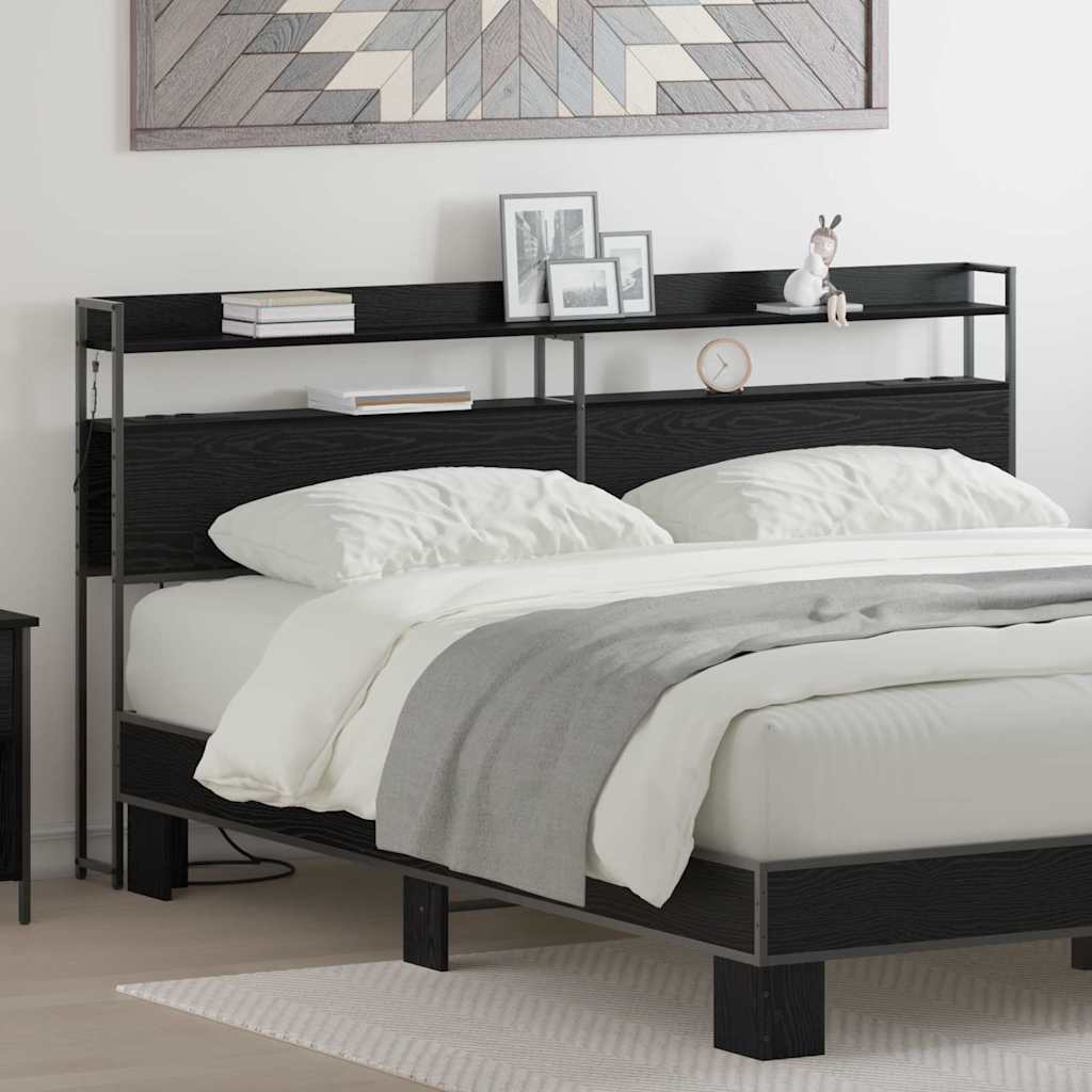 Säilytyspääty LED -nauhavalot hyllyllä päätyllä säilytystilassa Musta tammi 200 cm Tekninen puu