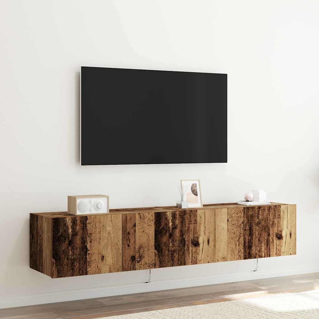 TV-seinätelineet LED-valoilla 2 kpl Vanha puu 80x35x31 cm