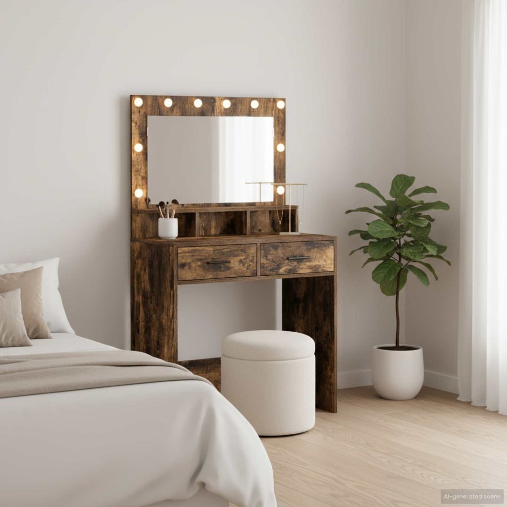 Meikkipöytä LED-valoilla, savutettu tammi, 79x41x135 cm