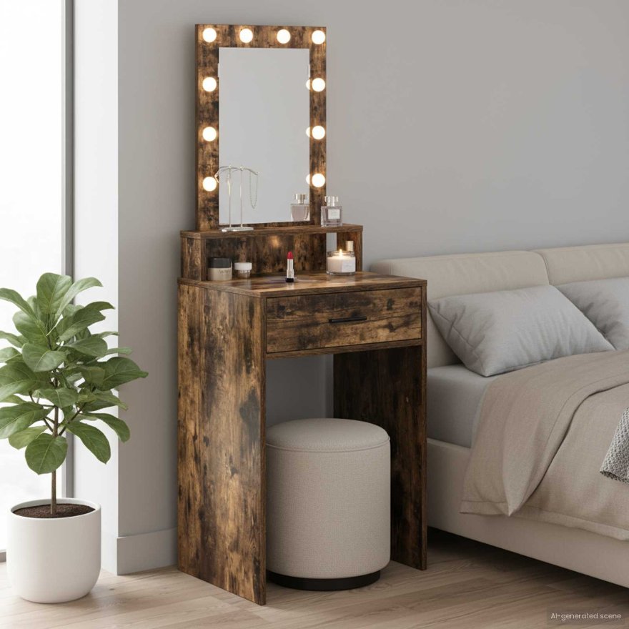 Meikkipöytä LED-valoilla Savutettu tammiviimeistely 50x41x140 cm