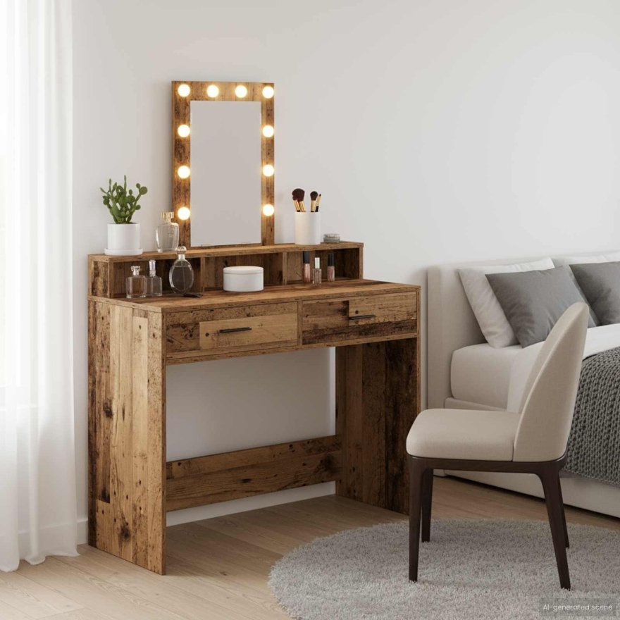 Meikkipöytä LED-valoilla, Vanha Puu, 100x41x140 cm