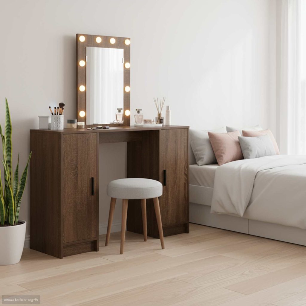 Meikkipöytä LED-valoilla Ruskea Tammi 102x33x135 cm