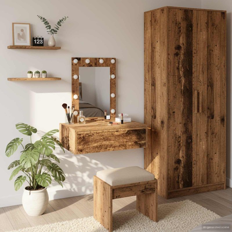 Seinälle Ripustettava Meikkipöytä LED-valoilla Vanha Puu