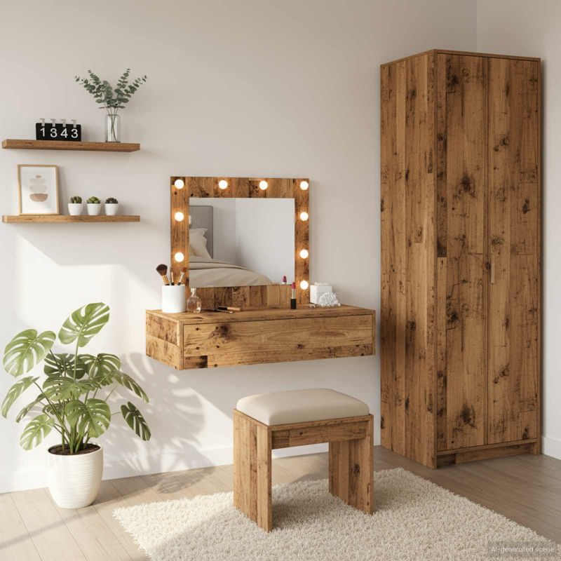 Seinäasennettava Meikkipöytä LED Valoilla Vanha Puu