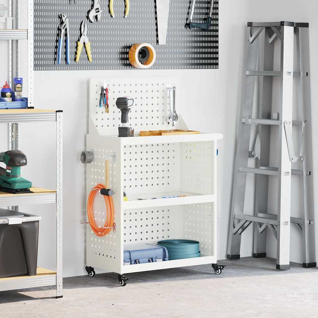 Työkalukärry hyllyllä pyörällä säilytystilassa Valkoinen 65 x 35 x 111 cm Metalli