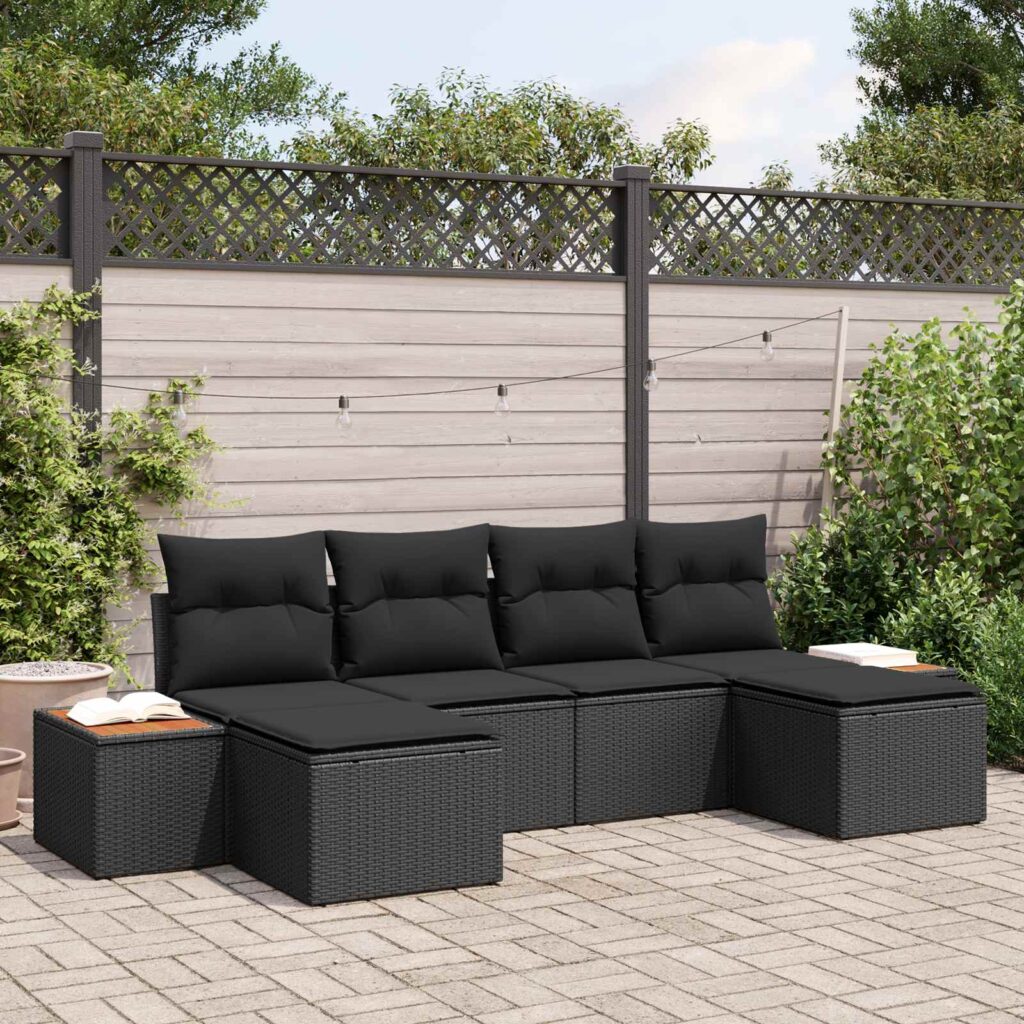 Puutarhasohva Setti tyynyllä 6 pcs Musta Poly Rattan