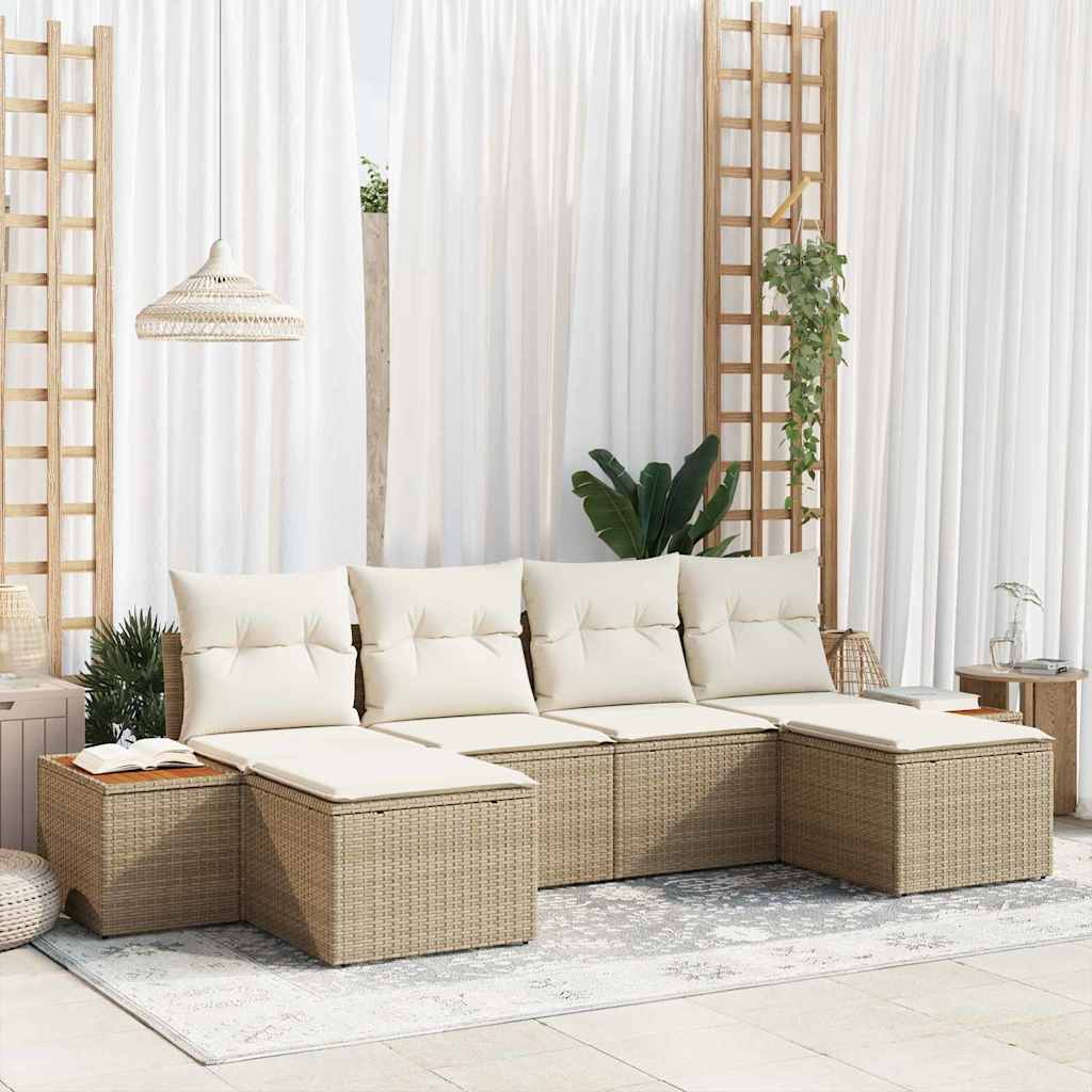 Puutarhasohva Setti tyynyllä 6 pcs Beige ja kerma Poly Rattan