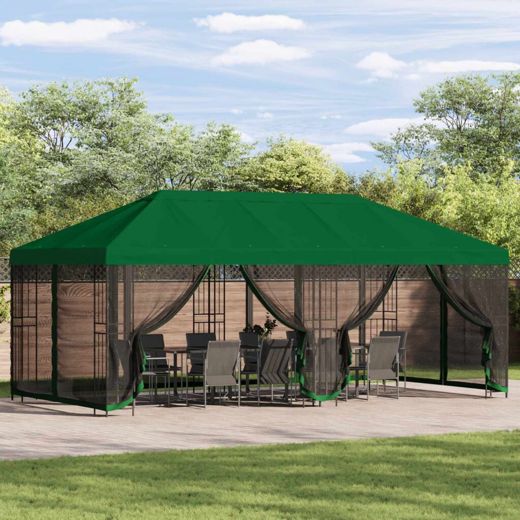 Paviljonki sivuseinillä 6 x 3 m Vihreä Polyesteri ja teräs 190