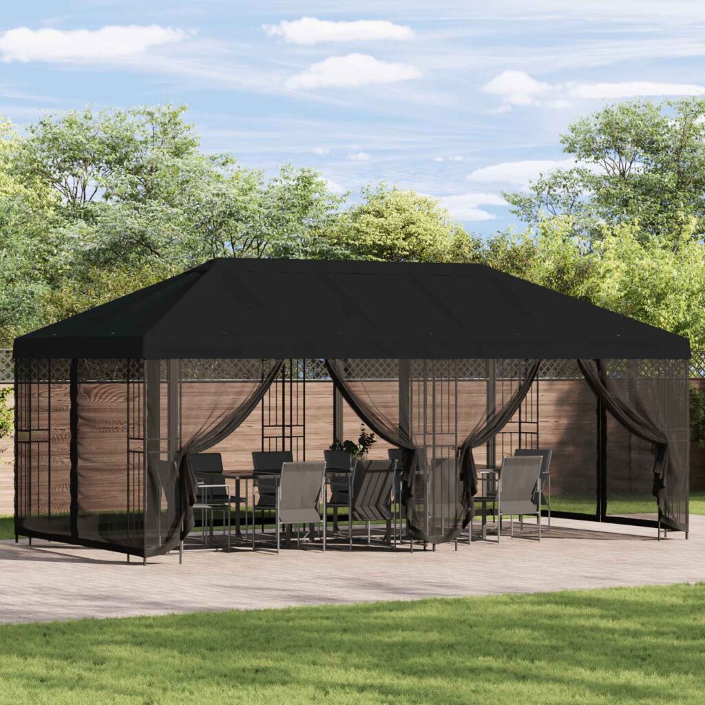 Paviljonki sivuseinillä 6 x 3 m Musta Polyesteri ja teräs 190
