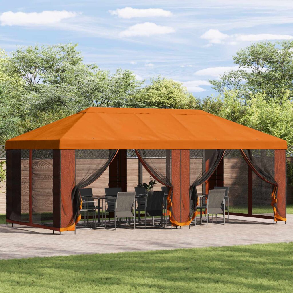 Paviljonki sivuseinillä 6 x 3 m Oranssi Polyesteri ja teräs 190