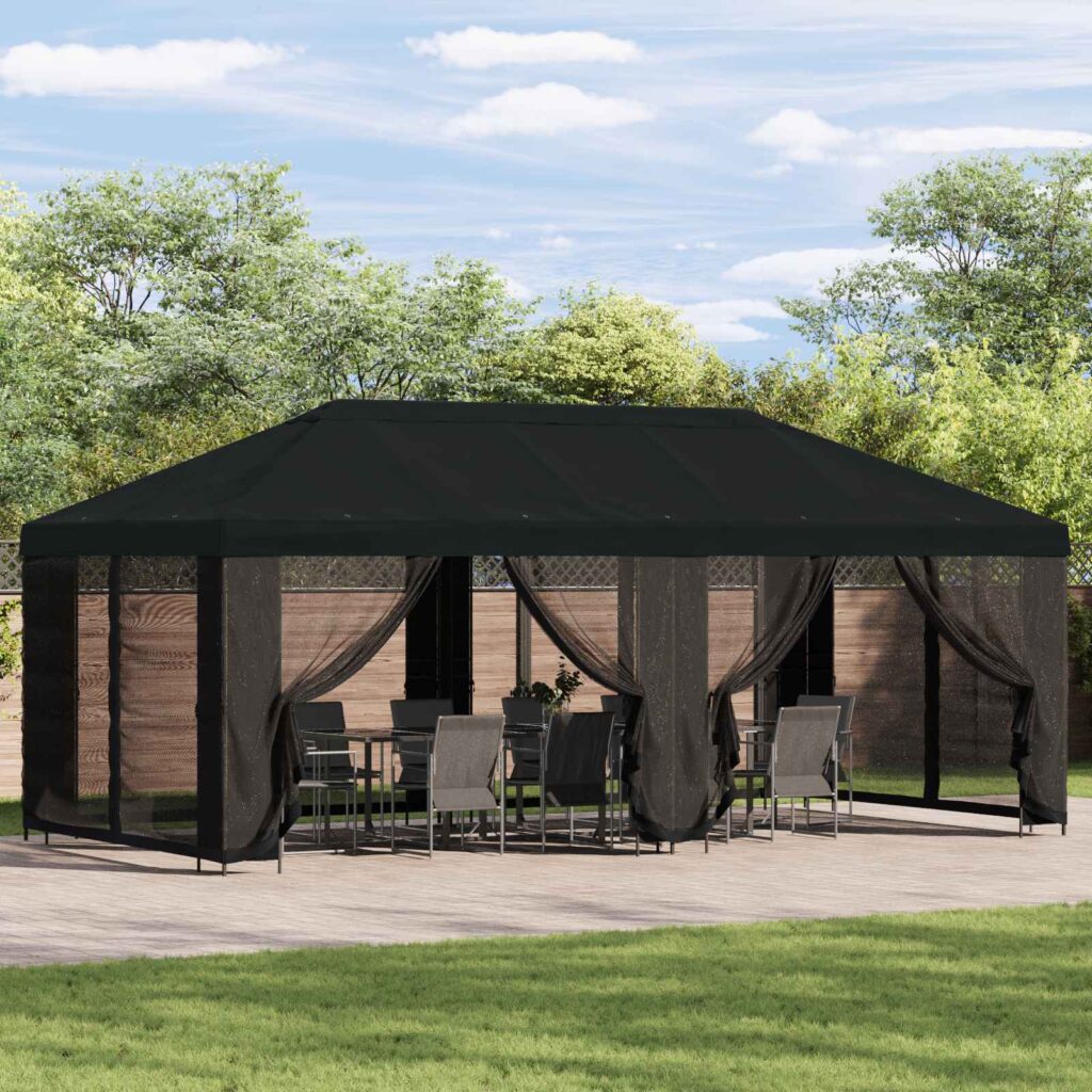 Paviljonki sivuseinillä 6 x 3 m Musta Polyesteri ja teräs 190