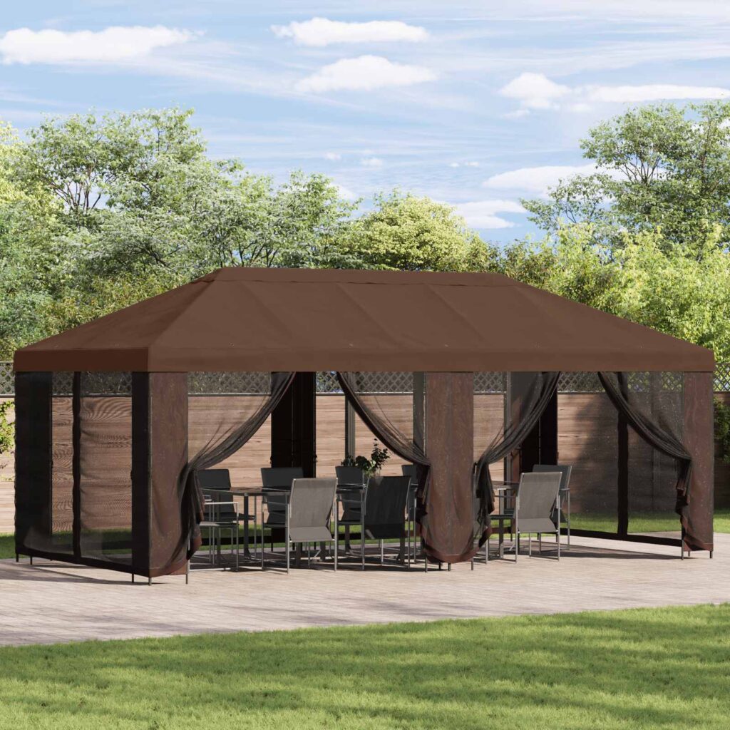 Paviljonki sivuseinillä 6 x 3 m Ruskea Polyesteri ja teräs 190