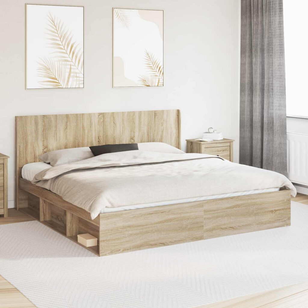 Sängynrunko säilytyksellä ja päänäytöllä Sonoma-tammi