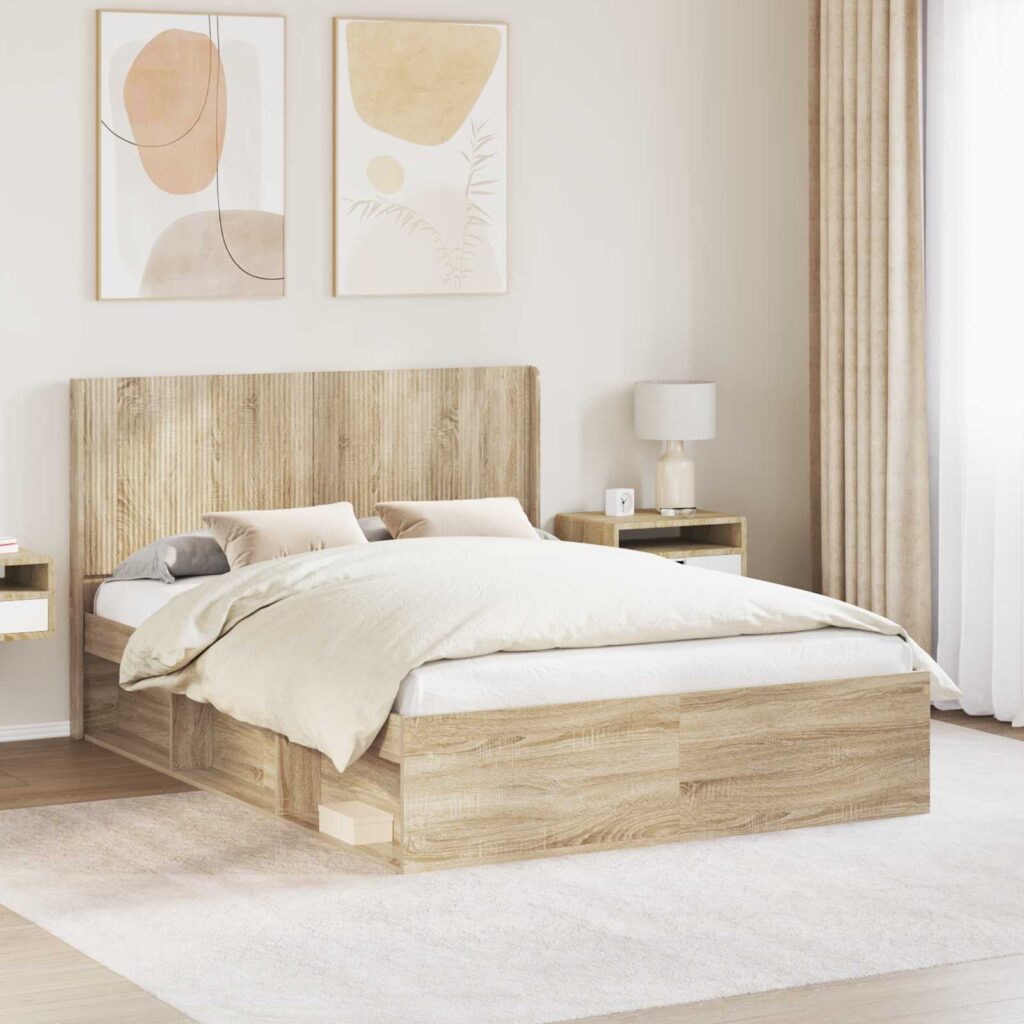 Sängynrunko säilytyksellä ja päänäytöllä Sonoma-tammi