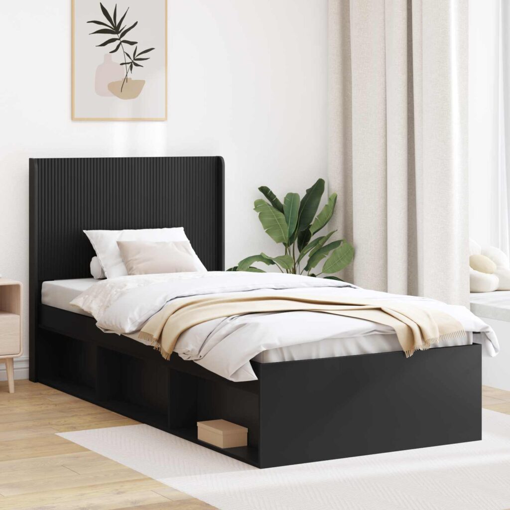 Sängynrunko säilytyksellä ja päänäytöllä Musta 100 x 200 cm