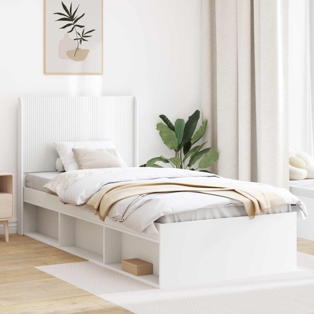 Sängynrunko säilytyksellä ja päänäytöllä valkoinen 90 x 200 cm