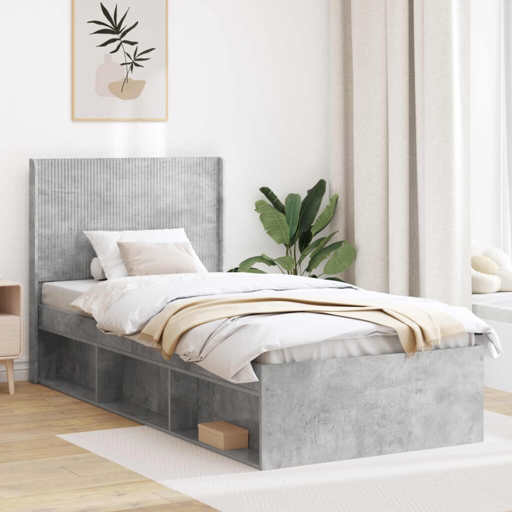 Sängynrunko säilytyksellä ja päänäytöllä Betoninharmaa