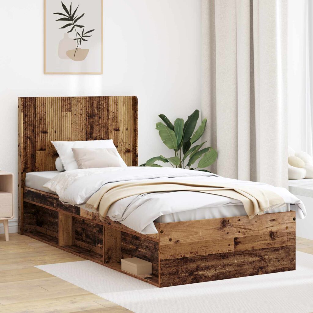 Sängynrunko säilytyksellä ja päänäytöllä Vanha puu 3FT Single