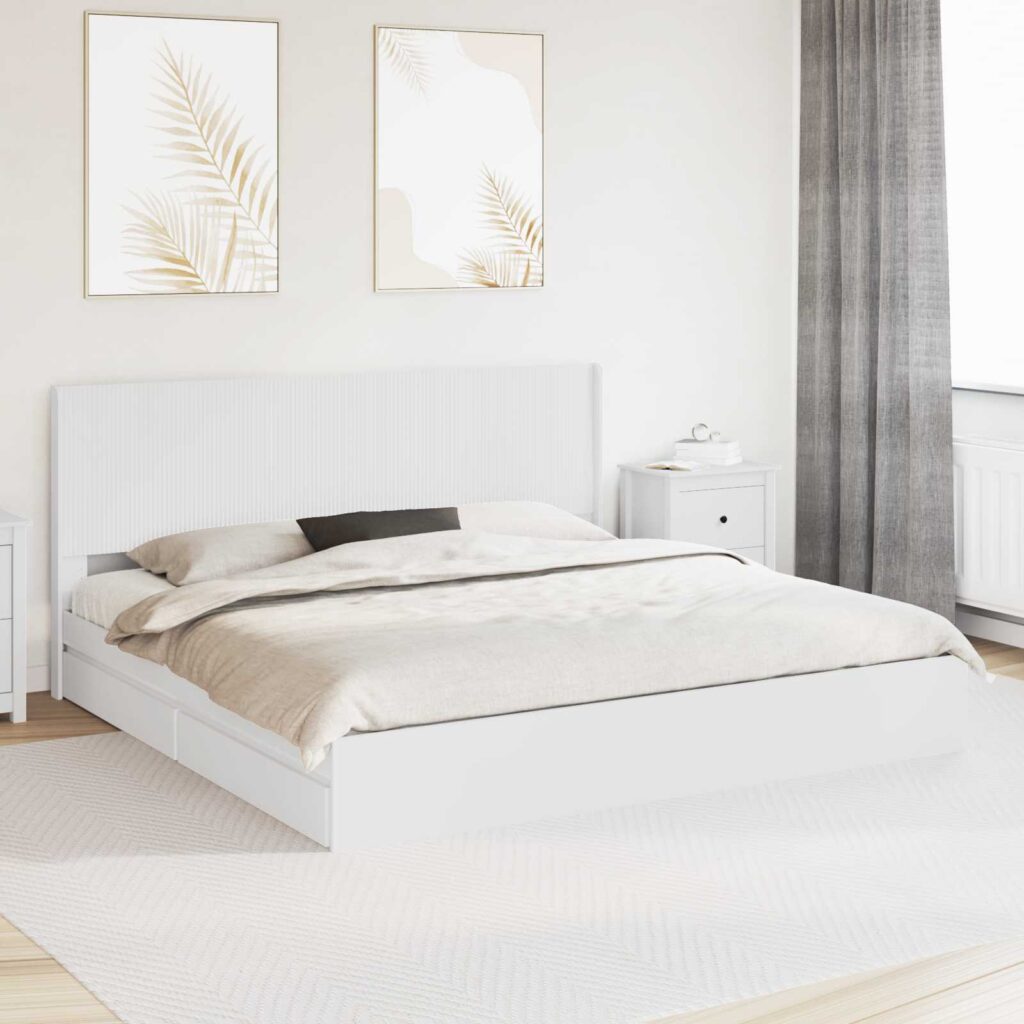 Sängynrunko säilytyksellä ja päänäytöllä valkoinen