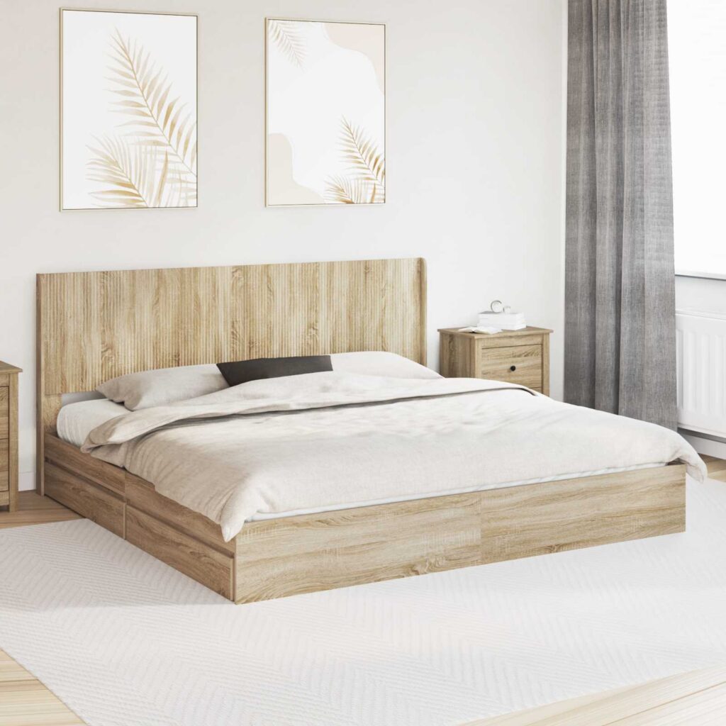 Sängynrunko säilytyksellä ja päänäytöllä Sonoma-tammi