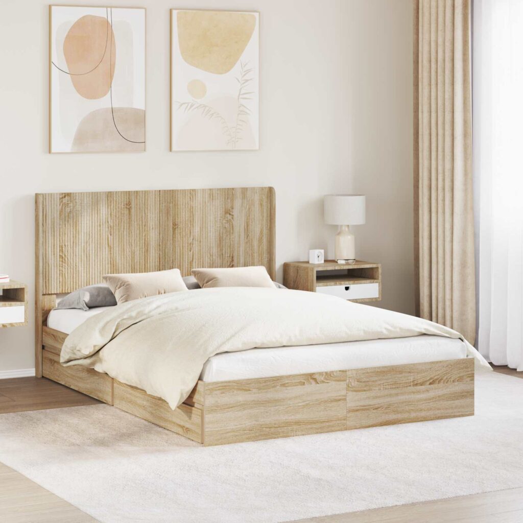 Sängynrunko säilytyksellä ja päänäytöllä Sonoma-tammi