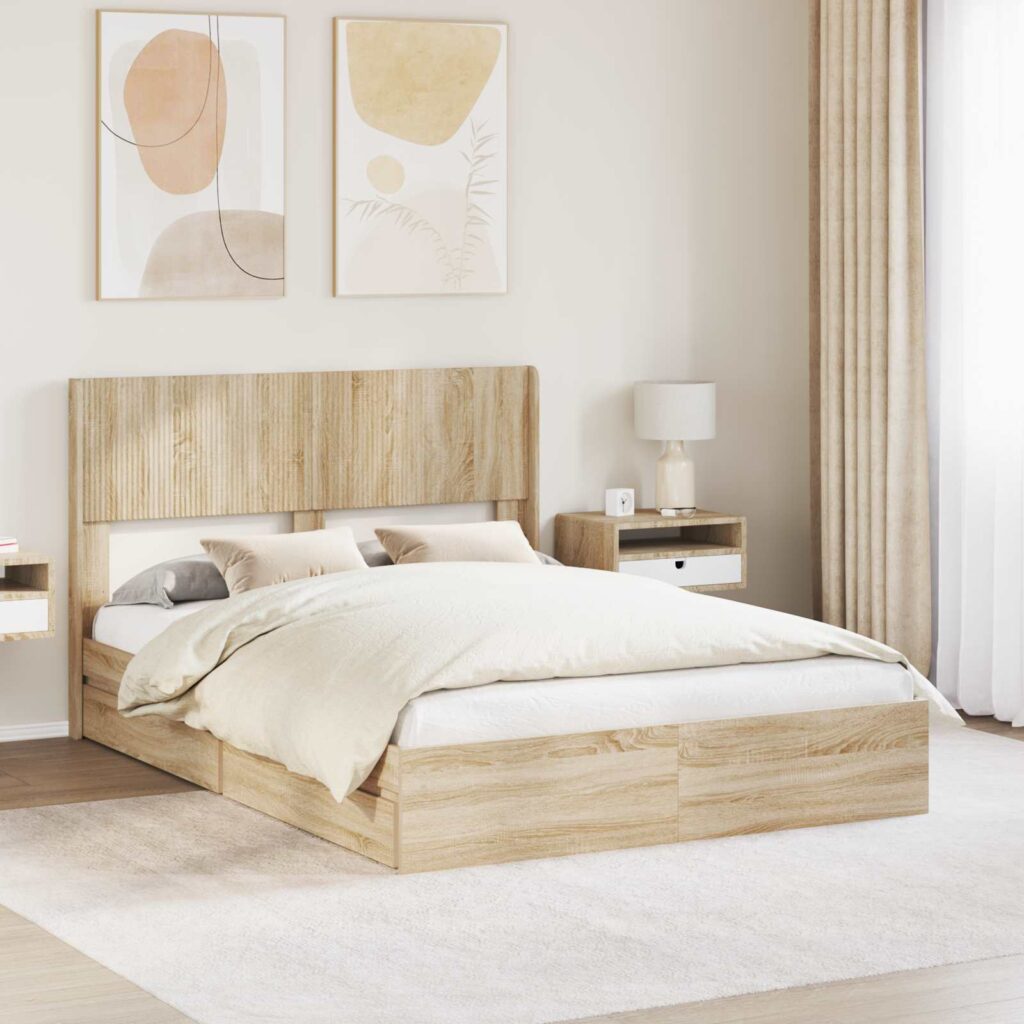 Sängynrunko säilytyksellä ja päänäytöllä Sonoma-tammi
