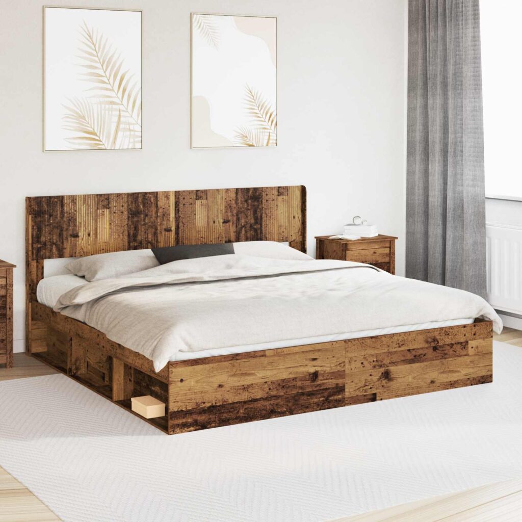 Sängynrunko säilytyksellä ja päänäytöllä Vanha puu 200 x 200 cm