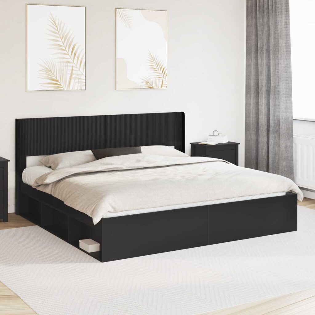 Sängynrunko säilytyksellä ja päänäytöllä Musta