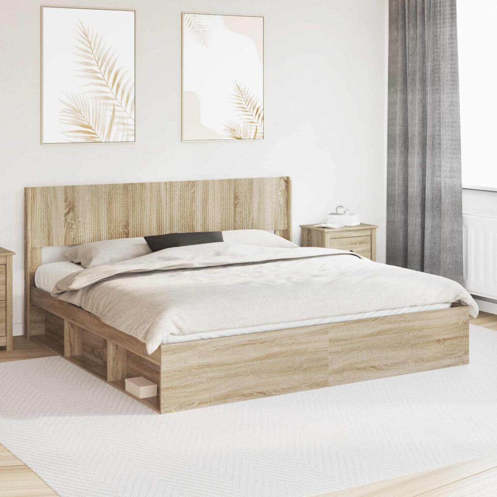 Sängynrunko säilytyksellä ja päänäytöllä Sonoma-tammi