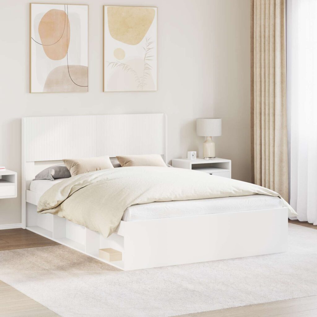 Sängynrunko säilytyksellä ja päänäytöllä valkoinen 160 x 200 cm
