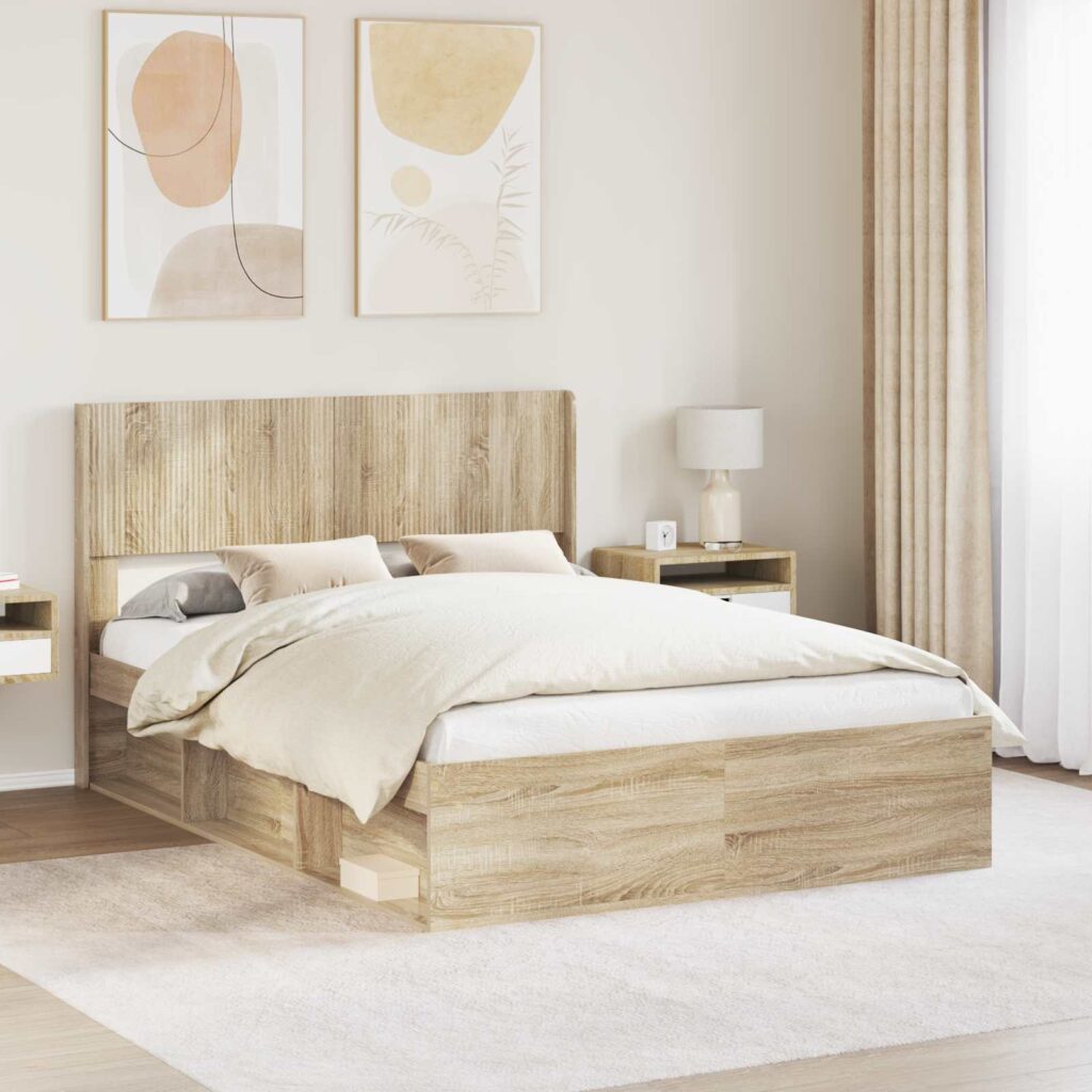 Sängynrunko säilytyksellä ja päänäytöllä Sonoma-tammi