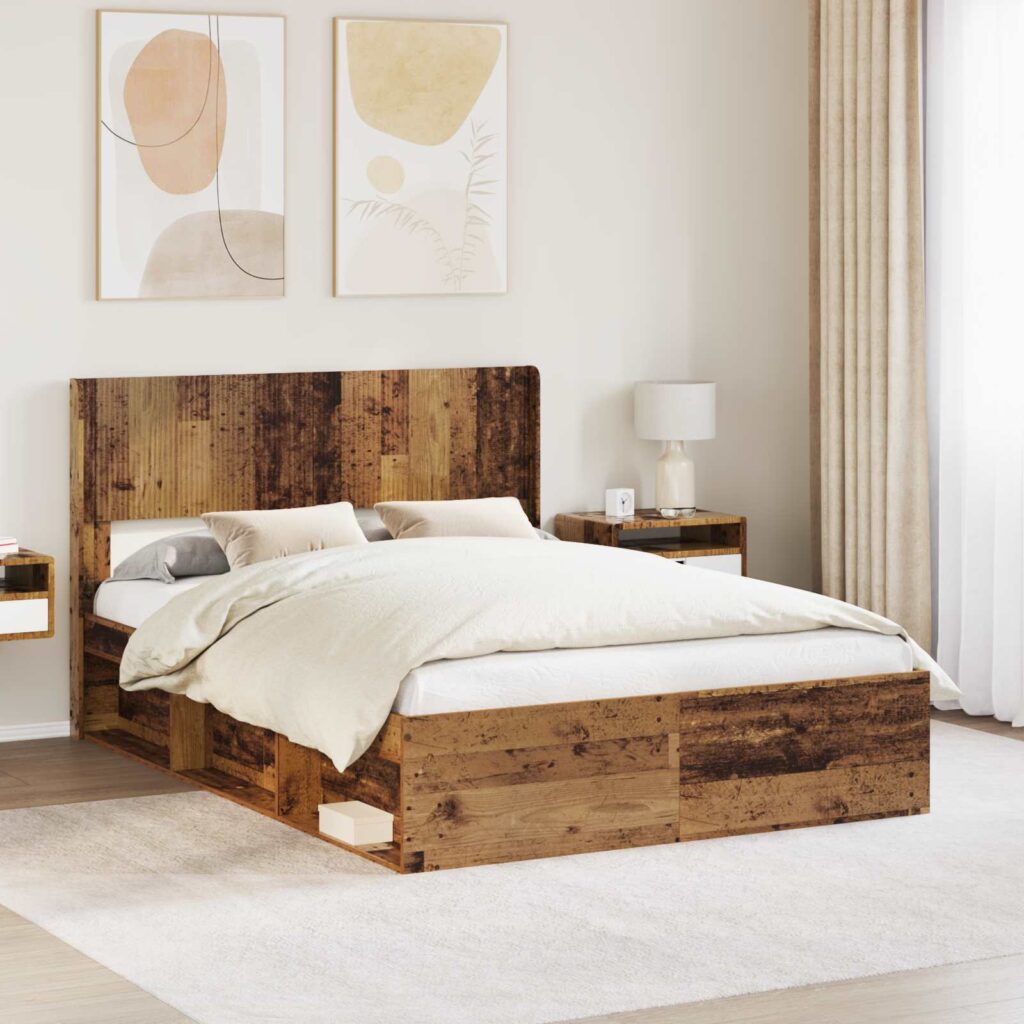 Sängynrunko säilytyksellä ja päänäytöllä Vanha puu