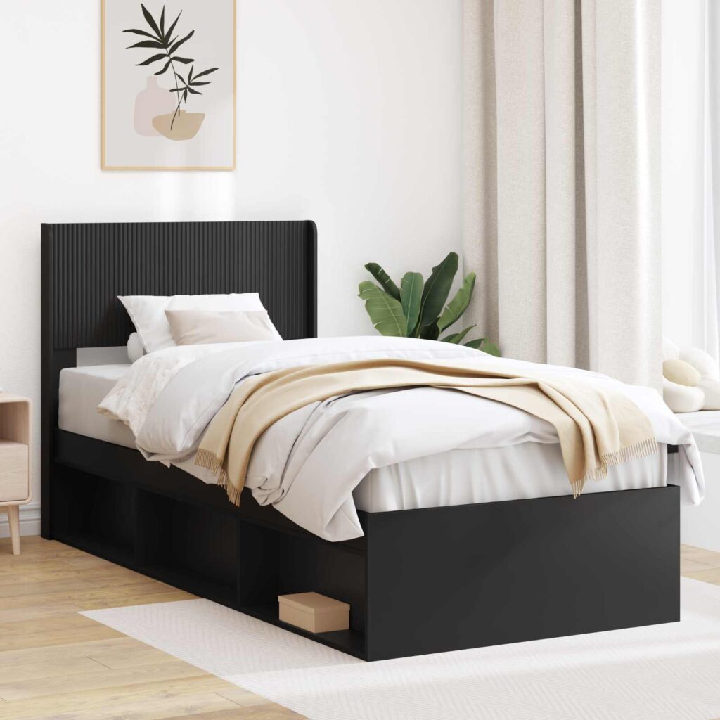 Sängynrunko säilytyksellä ja päänäytöllä Musta 100 x 200 cm