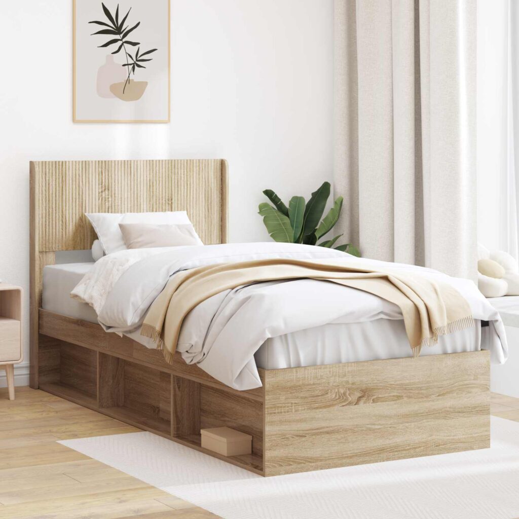 Sängynrunko säilytyksellä ja päänäytöllä Sonoma-tammi