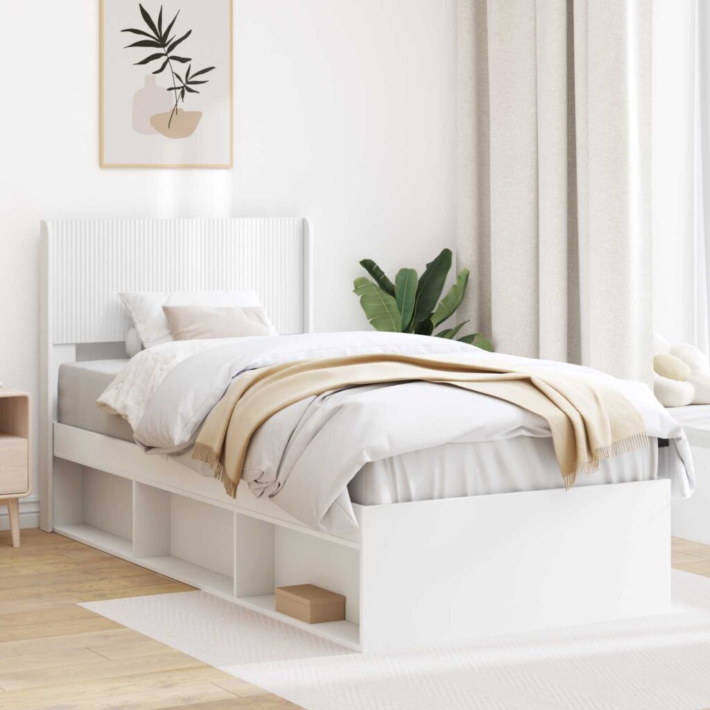 Sängynrunko säilytyksellä ja päänäytöllä valkoinen 90 x 200 cm
