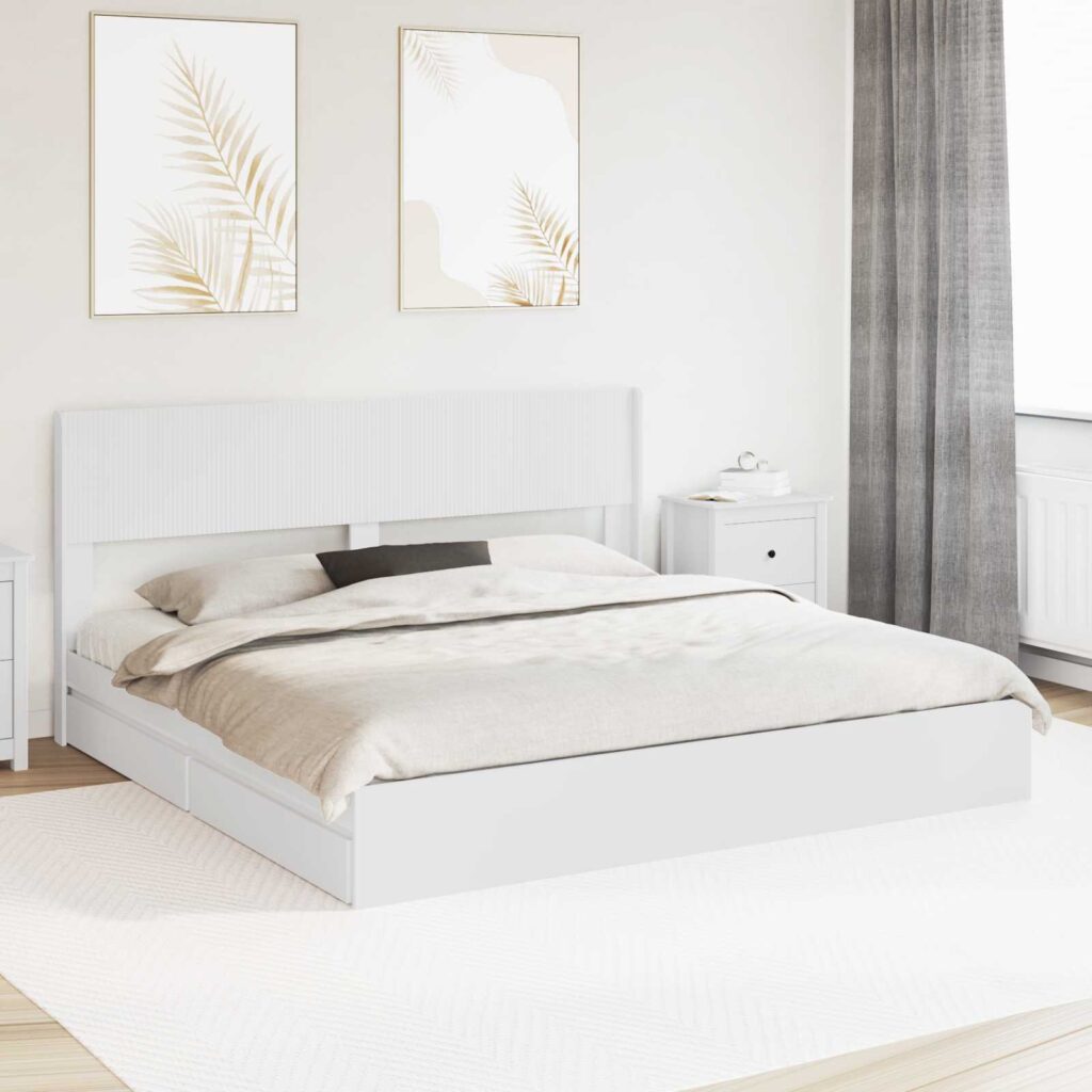 Sängynrunko säilytyksellä ja päänäytöllä valkoinen