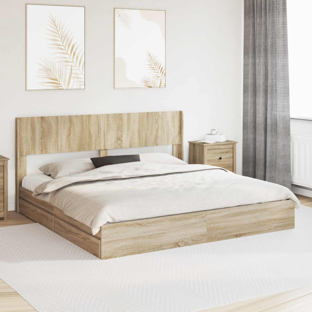 Sängynrunko säilytyksellä ja päänäytöllä Sonoma-tammi